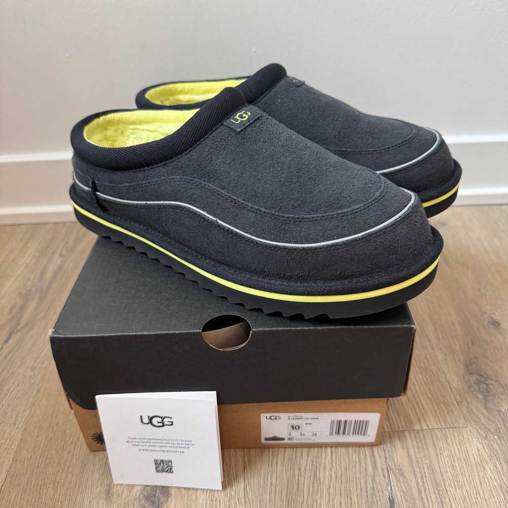 UGG Tasman Cali Wave Mens 10 Black Sulfur Suede Slippers 1136700 Reflective Trim - Picture 2 of 10